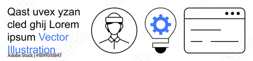 Technology, user experience, digital tools, online creativity, application interface, innovation. Person icon, gear bulb web layout. Technology and user experience concepts