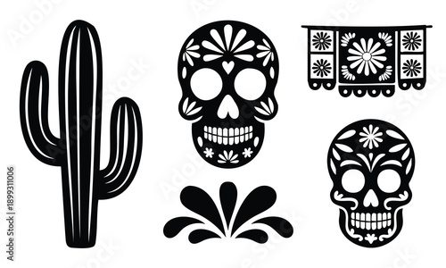 Bundle Cinco De Mayo silhouette traditional mexican elements and sugar skulls