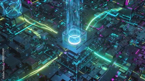 3D animated video, top-down view of GPU mining network, neon energy pulses flowing along connections, digital coins holographic data fragments emerging rigs looping animation, glowing neon colors