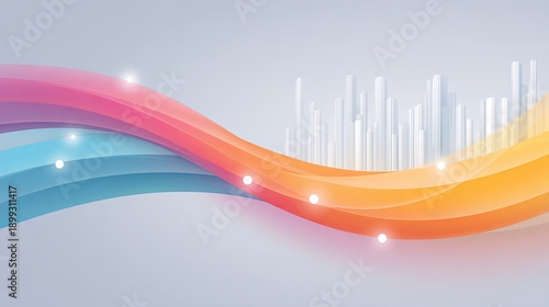 Abstract wave design with vibrant colors and urban skyline in background, showcasing elegance and modernity in a visually stunning composition