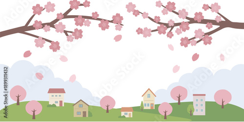 春の背景イラスト　バナー　建物と桜のイラスト　春素材