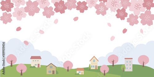 春の背景イラスト　バナー　建物と桜のイラスト　春素材