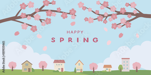 春の背景イラスト　バナー　建物と桜のイラスト　春素材