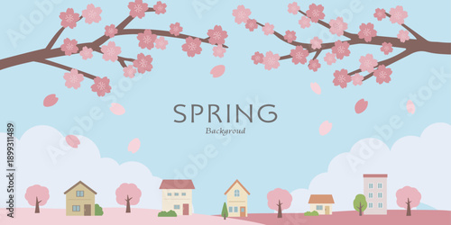 春の背景イラスト　バナー　建物と桜のイラスト　春素材