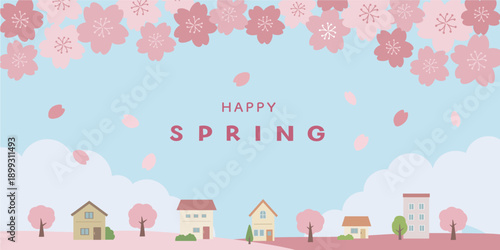 春の背景イラスト　バナー　建物と桜のイラスト　春素材