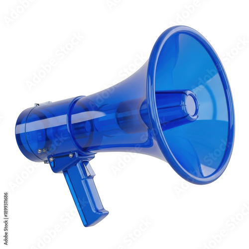 A bright blue megaphone against a white background with a slight shadow effect.