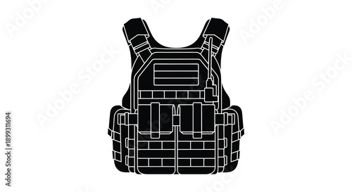 A detailed black silhouette of a tactical vest with pouches ideal for design projects on transparent background high quality professional modern