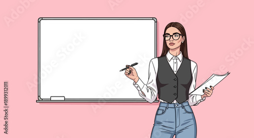 Cartoon illustration of a female teacher or presenter standing next to an empty whiteboard, holding a marker and papers, ready to teach or explain.