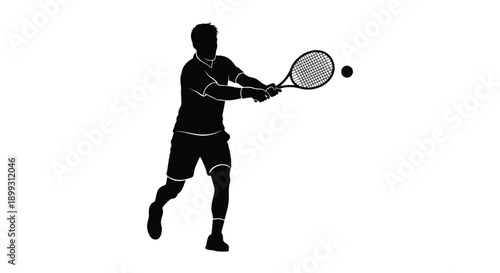 A black silhouette of a man playing tennis with a racket and ball ideal for design on transparent background high quality