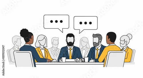 A diverse group of business professionals engaged in a meeting or discussion around a conference table with speech bubbles.