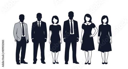 A group of six diverse professionals, including men and women, dressed in formal business attire, standing together in a line against a white background.
