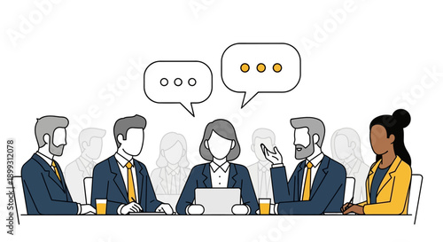 A group of diverse business professionals having a meeting and discussion around a table with speech bubbles.
