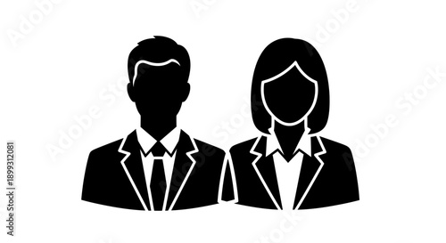 Black silhouettes of a man and a woman in business attire, representing professional individuals or a team.