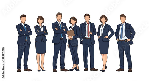 A diverse group of seven professionals in matching navy blue suits stand confidently against a white background.