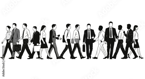 A line of diverse business people walking in a minimalist graphic style, depicting corporate life and movement.