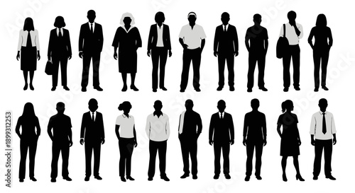 A collection of diverse black silhouettes of men and women standing in two rows, representing various ages and styles.