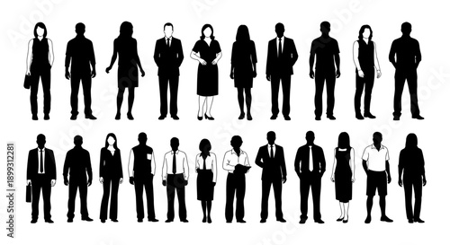 A collection of diverse black and white silhouettes of men and women in various business and casual attire, presented in two rows.