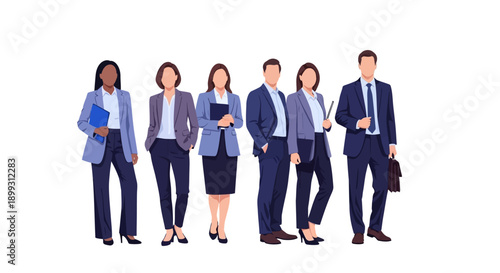 A diverse group of six business professionals, three men and three women, standing together in formal attire.