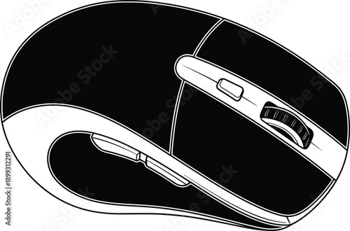 Line drawing of ergonomic computer mouse with scroll wheel, top buttons, and side button for tech, gaming, and productivity use.