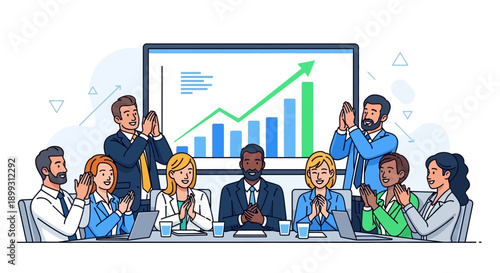 A diverse group of business professionals applauding a successful presentation with a growth chart displayed on a large screen in a meeting room.