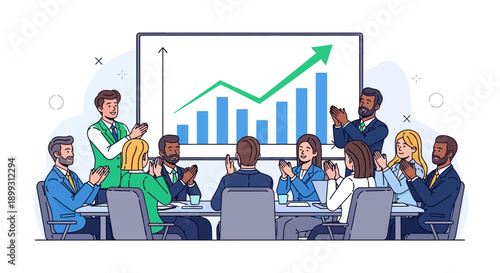 A diverse business team applauds a successful presentation showing significant growth and positive financial results in a corporate meeting.