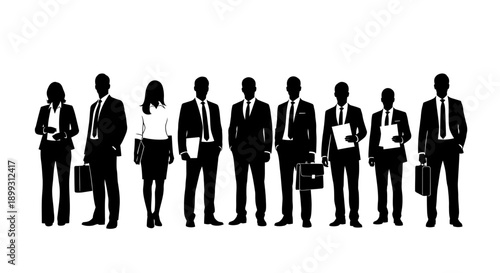 A row of ten diverse business professionals, men and women, standing in formal attire, depicted as black silhouettes.