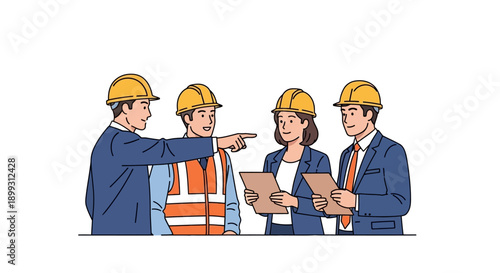 Four construction professionals in hard hats discussing plans and pointing.