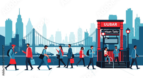 People walking in a vibrant city scene with a subway station and a prominent skyline.