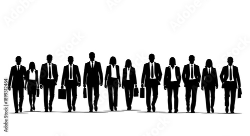 A line of eleven silhouetted business professionals walking forward against a white background.