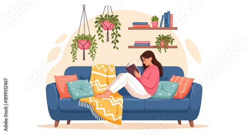A young woman relaxing comfortably on a blue sofa, reading a book in a cozy living room with plants and shelves.