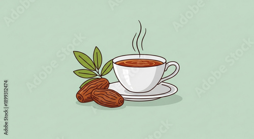 Steaming Cup of Tea with Almonds and Leaves on Saucer