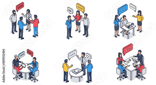 Isometric illustrations of business people collaborating and communicating in various meeting and discussion settings.