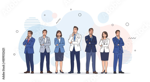 A diverse group of business professionals standing and contemplating with their hands on their chins against a backdrop of abstract shapes.