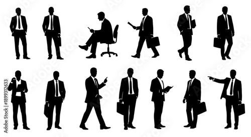 Silhouettes of businessmen in various poses, showcasing professional attire and business activities.