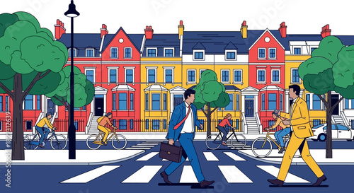 Illustration of a busy street scene with people commuting by bicycle and on foot across a zebra crossing in front of colorful terraced houses.