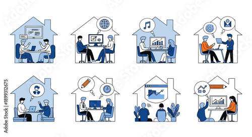 Illustrations depicting various remote work and online learning scenarios within stylized house outlines.