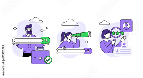 Illustration of people engaged in job searching and recruitment processes.