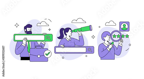 Illustration of people using search bars and a telescope for job searching and recruitment.