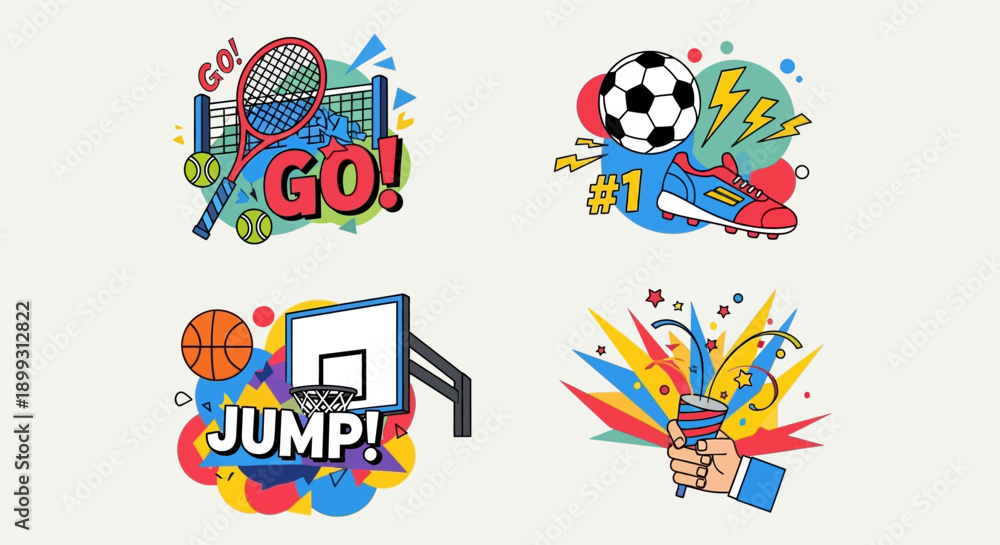 Fototapeta premium Vibrant illustrations of sports equipment and action words like GO and JUMP, celebrating athletic activities.