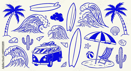A vibrant collection of blue line art illustrations depicting a beach scene with surfboards, palm trees, waves, a camper van, and beach accessories.