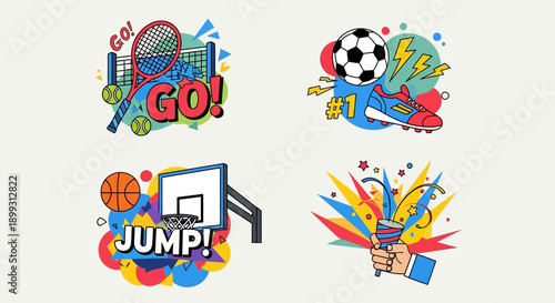Vibrant illustrations of sports equipment and action words like GO and JUMP, celebrating athletic activities.
