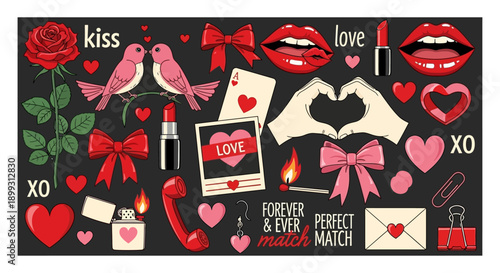 A vibrant collection of Valentine's Day symbols including roses, birds, lips, hearts, and romantic messages on a dark background.