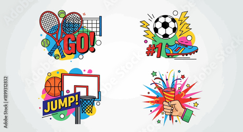 Vibrant illustrations of sports equipment and action words like GO and JUMP, representing athletic activities and excitement.