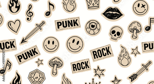 A collection of punk rock themed patches featuring skulls, smiley faces, lips, and musical notes.