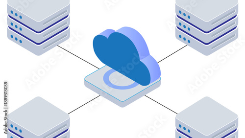 Isometric data storage hub with multiple server units connected to central cloud for digital information processing.