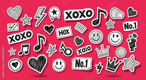 A vibrant collection of hand-drawn stickers featuring hearts, stars, musical notes, and smiley faces on a red background.