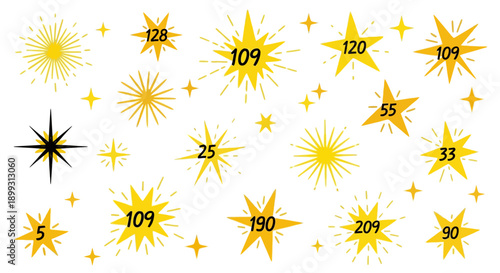 A collection of yellow starbursts and star shapes, some with numbers inside, on a white background.