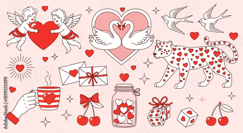 A charming collection of Valentine's Day themed illustrations featuring cupids, swans, a leopard, love letters, and romantic symbols on a pink background.