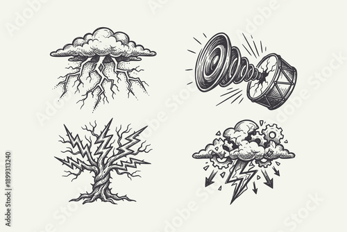 Engraving Style Set of Storm, Power, and Energy Icons
