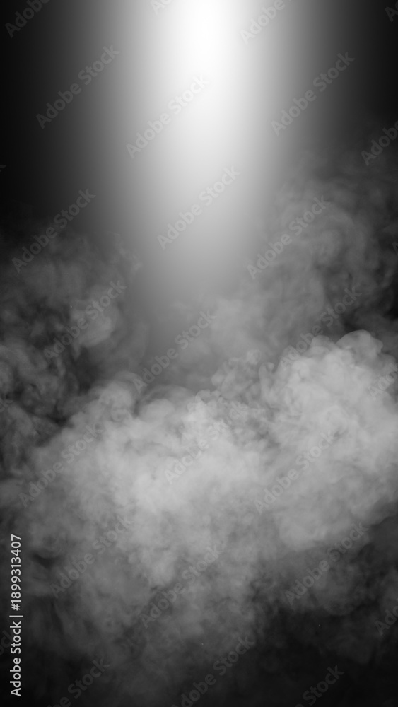 Fototapeta premium Vertical divine light through a dark fog. The rays beam light on the smoke floor. Spotlight on isolated background. Stock illustration.